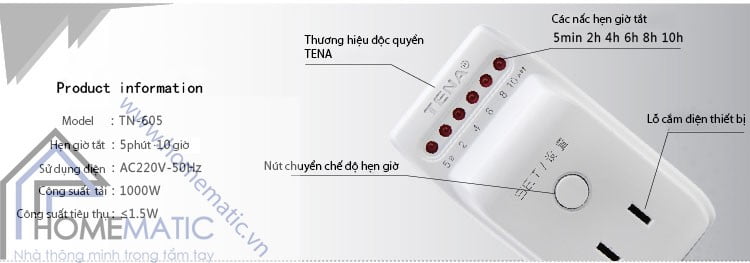 Ổ cắm hẹn giờ TENA TN-605 thông số kỹ thuật