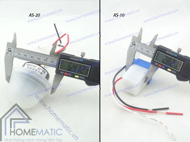 So sánh kích thước của công tắc cảm ứng ánh sáng AS-20 với AS-10