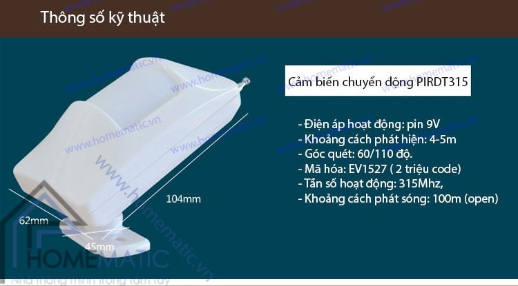 Cảm biến chuyển động hồng ngoại thân nhiệt phát sóng RF PIRDT315 thông số kỹ thuật