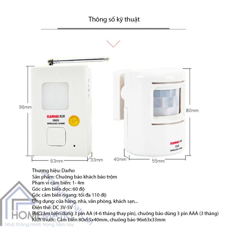 Chuông báo khách, báo trộm cảm ứng chuyển động tầm xa DARHO X850