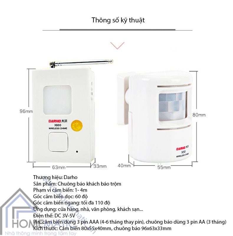 Chuông báo khách báo trộm cảm ứng chuyển động tầm xa DARHO X850 