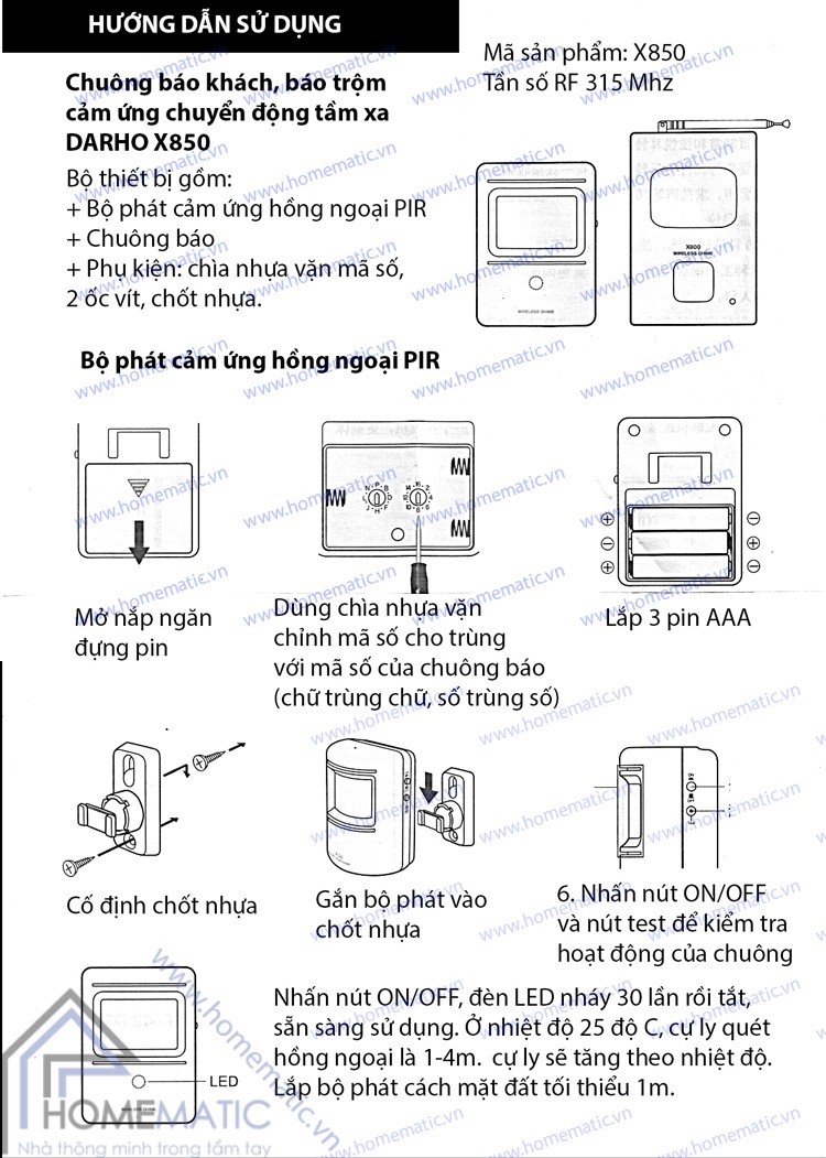 Chuông báo khách báo trộm cảm ứng chuyển động tầm xa DARHO X850 