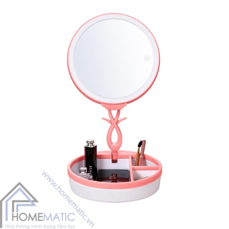 Gương trang điểm có đèn led dimmer, đèn ngủ, hộp makeup JN-008 hong