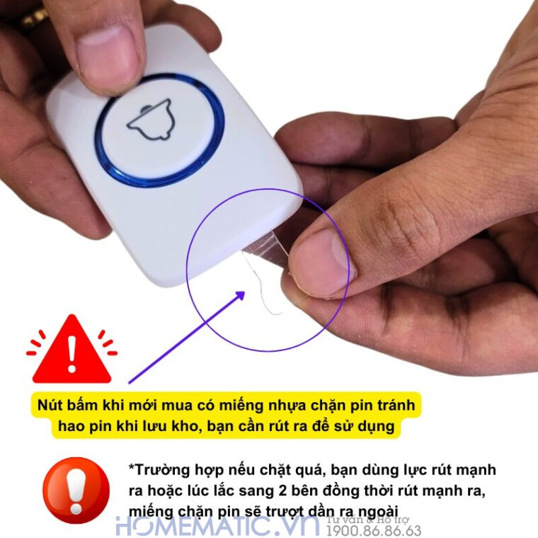 Chuông Cửa Không Dây Nút Bấm Nhỏ Kenrui Kr-m525 lưu ý cần rút miếng chặn pin trước khi sử dụng
