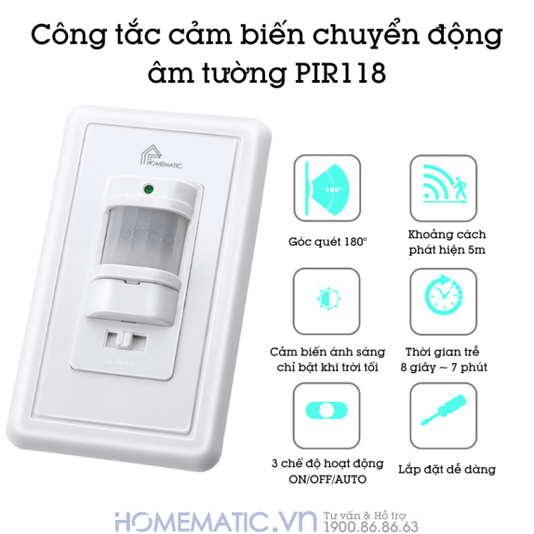 Công Tắc Cảm Biến Chuyển động Pir âm Tường Pir118 Công Tắc Cảm Biến Chuyển động Pir âm Tường Pir118