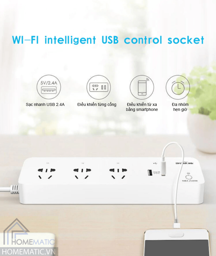Ổ cắm wifi 3 cổng 2 USB Broadlink MP1