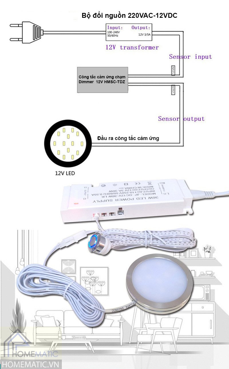 Công tắc tủ nội thất cảm ứng chạm dimmer 12V HMSC-TDZ