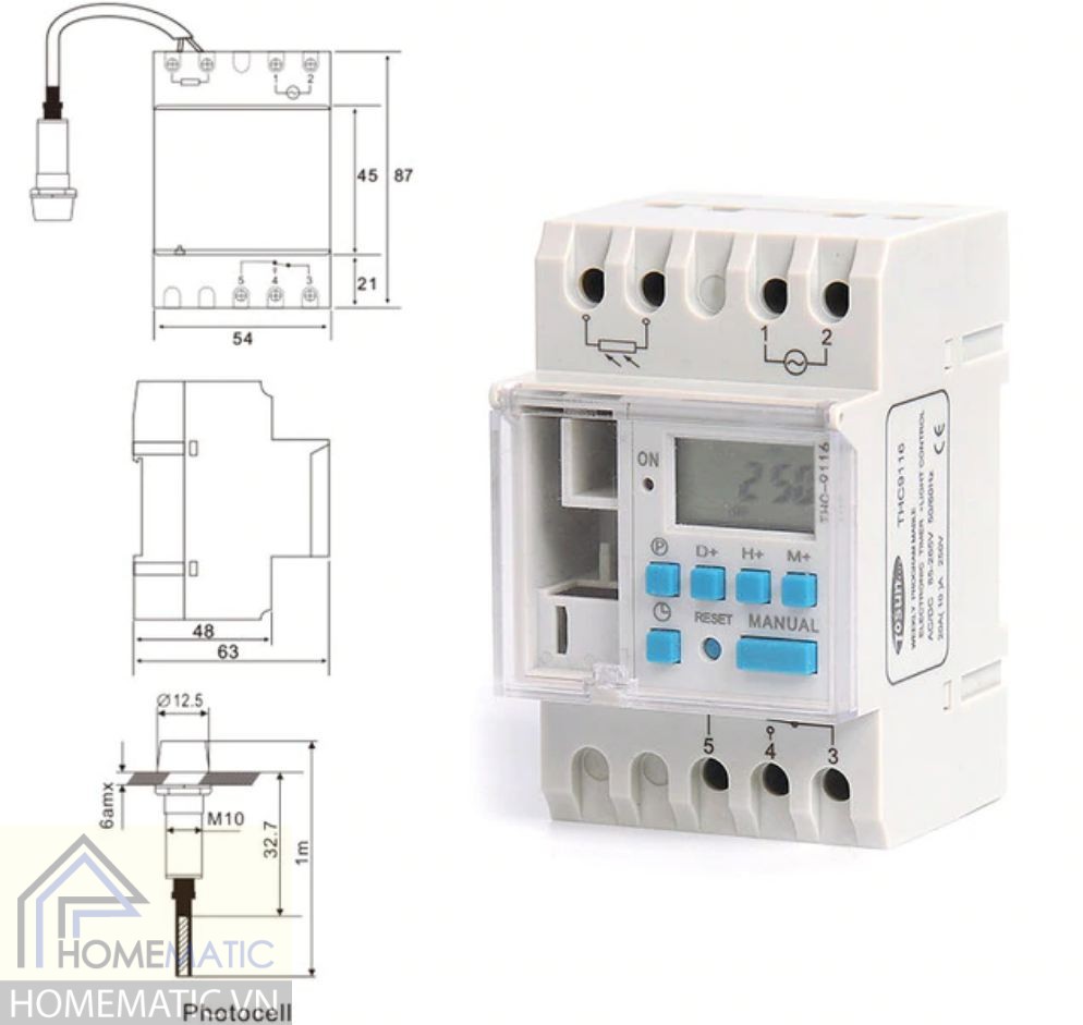 Công tắc hẹn giờ lập trình điện tử kết hợp cảm biến ánh sáng 16A THC9116