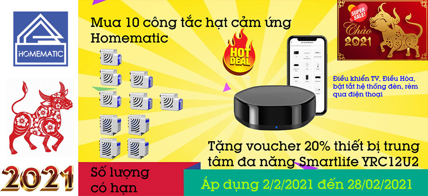 Mua 10 hạt công tắc thông minh Homematic tặng voucher 20% mua trung tâm điều khiển
