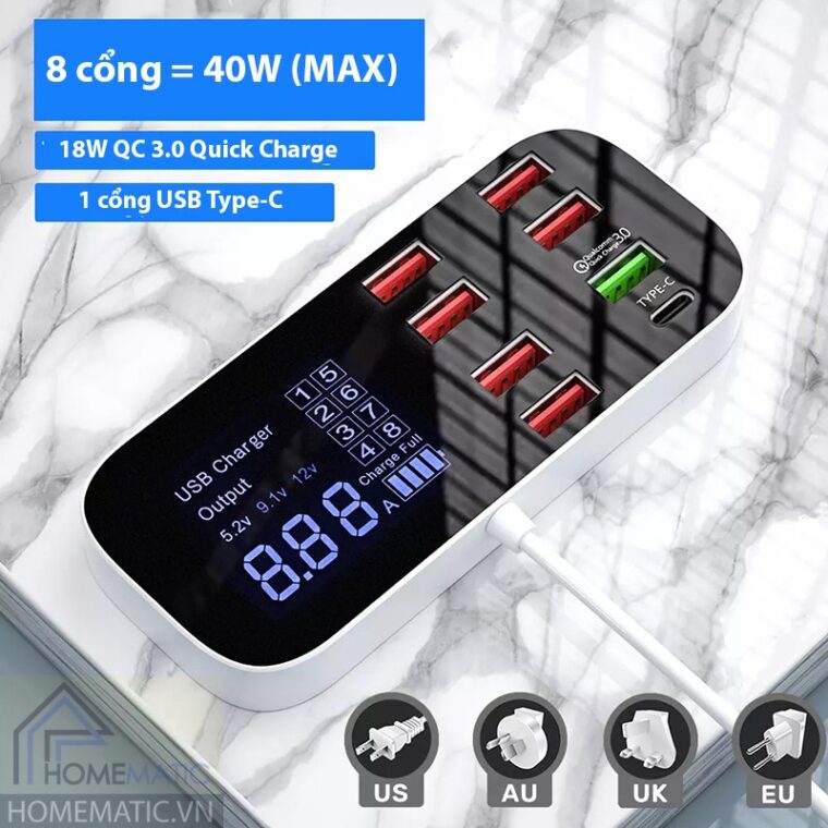 Ổ cắm sạc 8 cổng hỗ trợ sạc nhanh QC3.0 A9D+