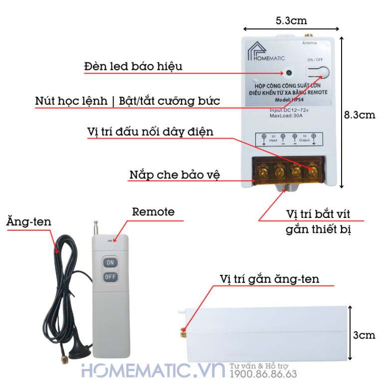 Bộ Công Tắc 30a điều Khiển Bằng Remote Tầm Xa 3km Hps4