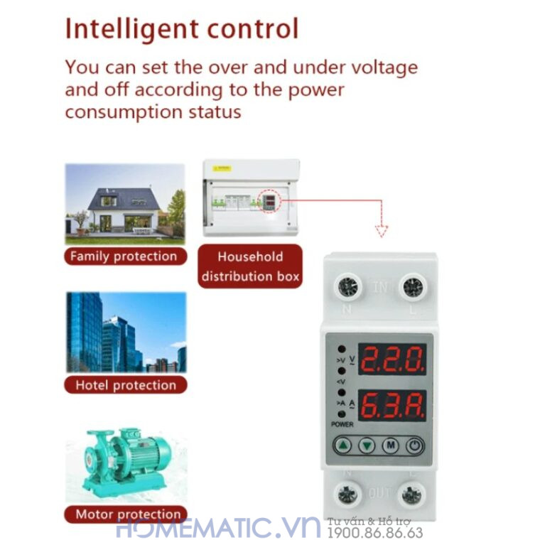 Thiết Bị Bảo Vệ Quá áp, Thấp áp, Quá Tải, Hỗ Trợ Bật Tắt Tải 63a Tvps1-63c