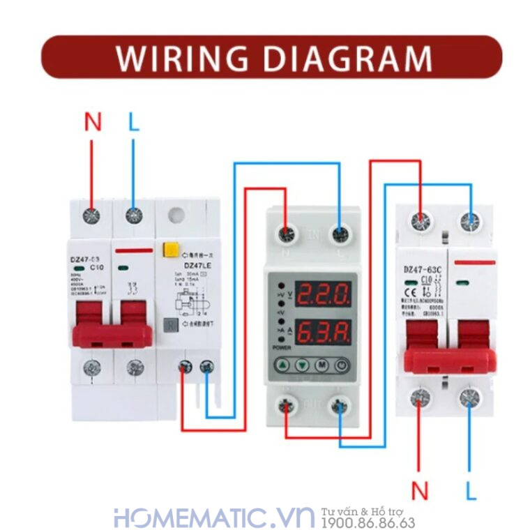 Thiết Bị Bảo Vệ Quá áp, Thấp áp, Quá Tải, Hỗ Trợ Bật Tắt Tải 63a Tvps1-63c