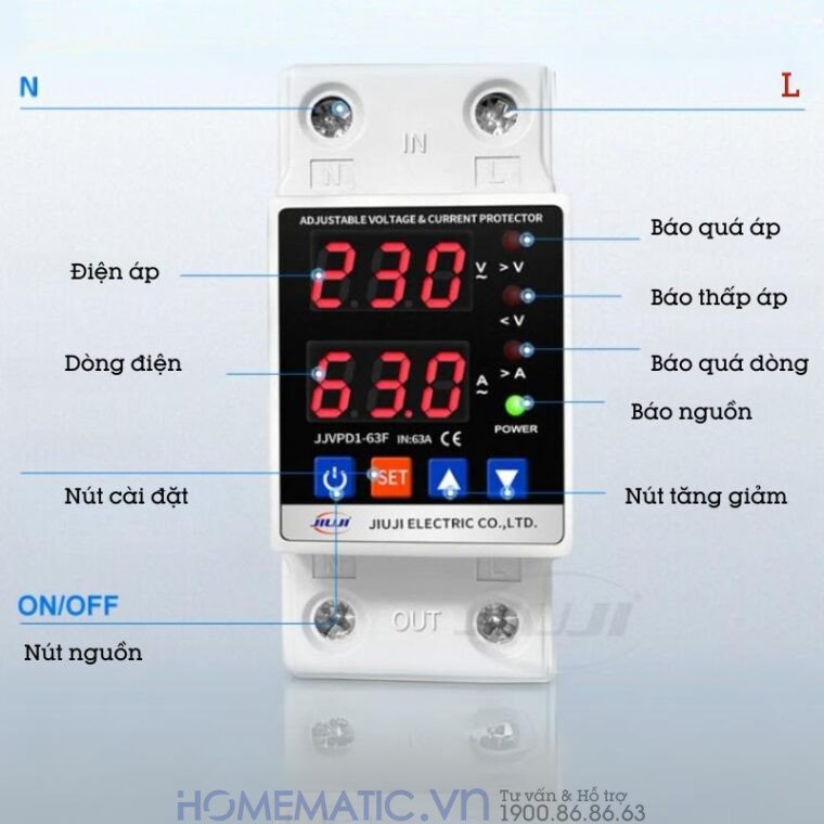 Thiết Bị Bảo Vệ Quá áp, Thấp áp, Quá Tải, Hỗ Trợ Bật Tắt Tải 63a Tvps1-63c