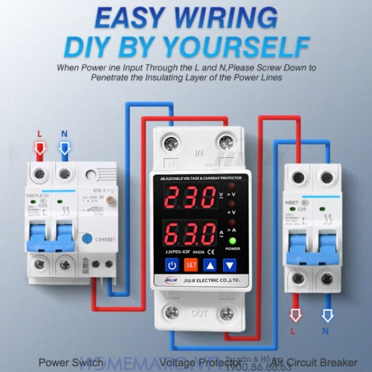 Thiết Bị Bảo Vệ Quá áp, Thấp áp, Quá Tải, Hỗ Trợ Bật Tắt Tải 63a Tvps1-63c