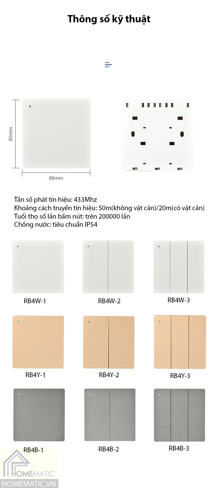 Công tắc phát sóng không dây không dùng pin RB4