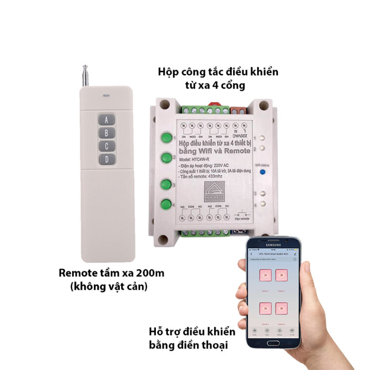 Hộp điều Khiển Từ Xa 4 Thiết Bị Bằng Wifi Và Remote Tuya Htc4w-r
