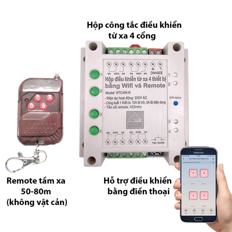 Hộp điều Khiển Từ Xa 4 Thiết Bị Bằng Wifi Và Remote Tuya Htc4w-r