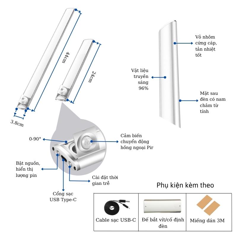 Đèn Led Cho Tủ Quần áo, Tủ Bếp Cảm Biến Vỏ Nhôm Hiện đại Dùng Pin Sạc Hm-al