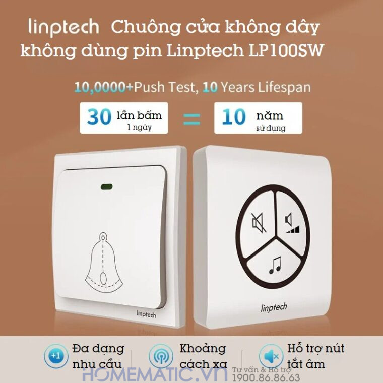 Chuông Không Dây, Không Dùng Pin Linptech Lp100sw 10 lần bấm/ngày 10 năm sử dụng