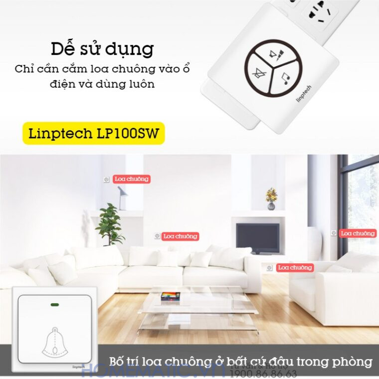 Chuông Không Dây, Không Dùng Pin Linptech Lp100sw dễ sử dụng, chỉ cần cắm điện