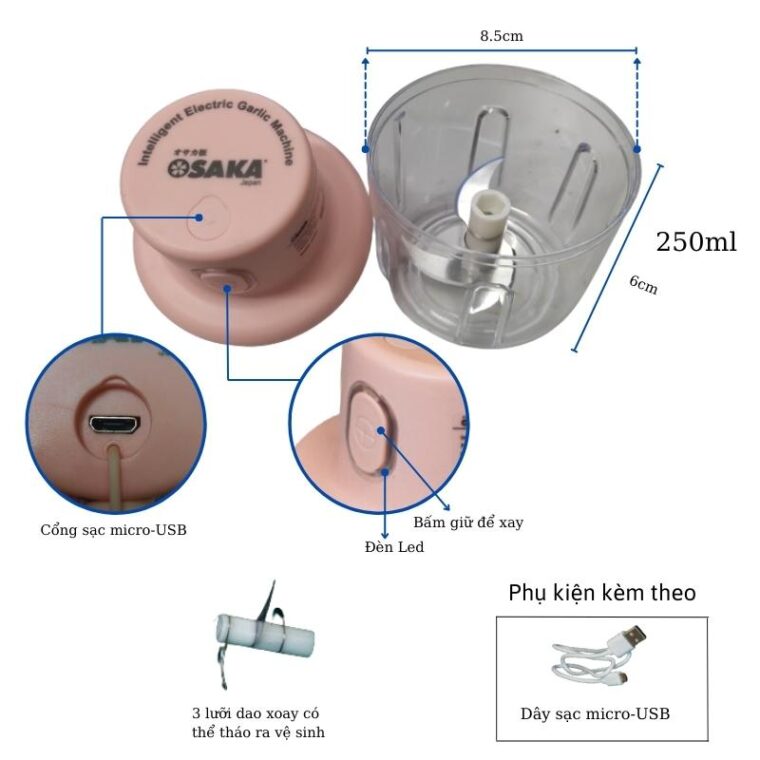 Máy Xay Tỏi ớt Mini Có Pin Sạc Osaka