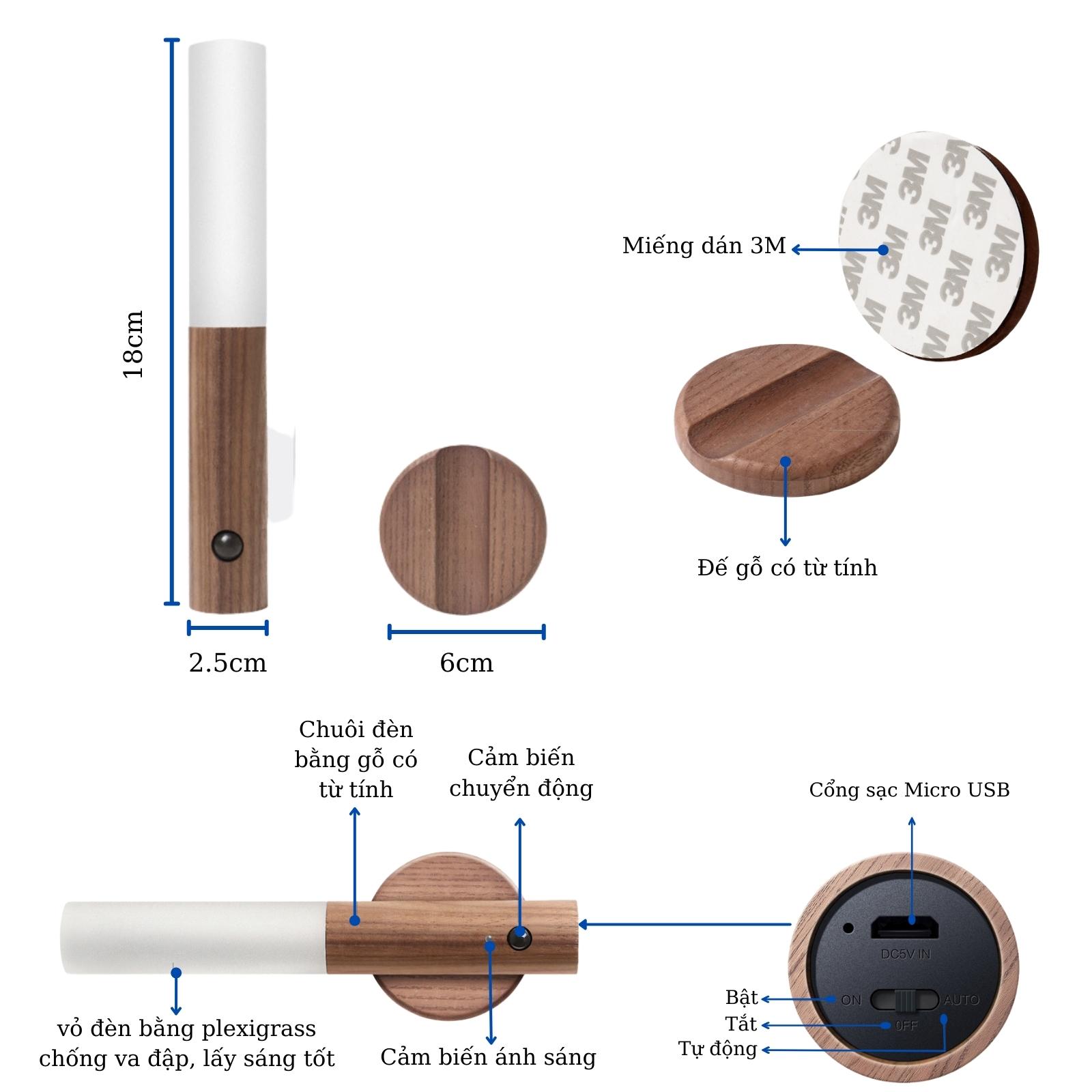 Đèn Led Trang Trí Gắn Tường Cảm Biến Bằng Gỗ Cao Cấp No-hb