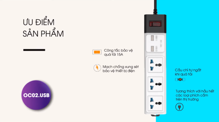 Ổ Cắm điện đa Năng Có Cổng Usb Rạng Đông Chống Sét, Chống Quá Tải Oc02.usb