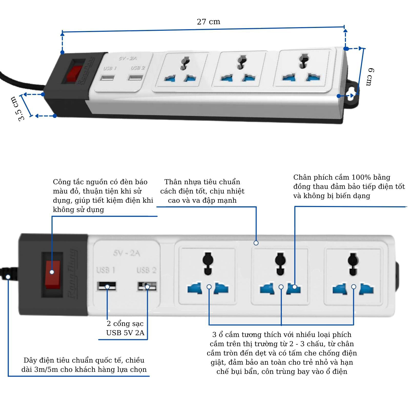 Ổ Cắm điện đa Năng Có Cổng Usb Rạng Đông Chống Sét, Chống Quá Tải Oc02.usb