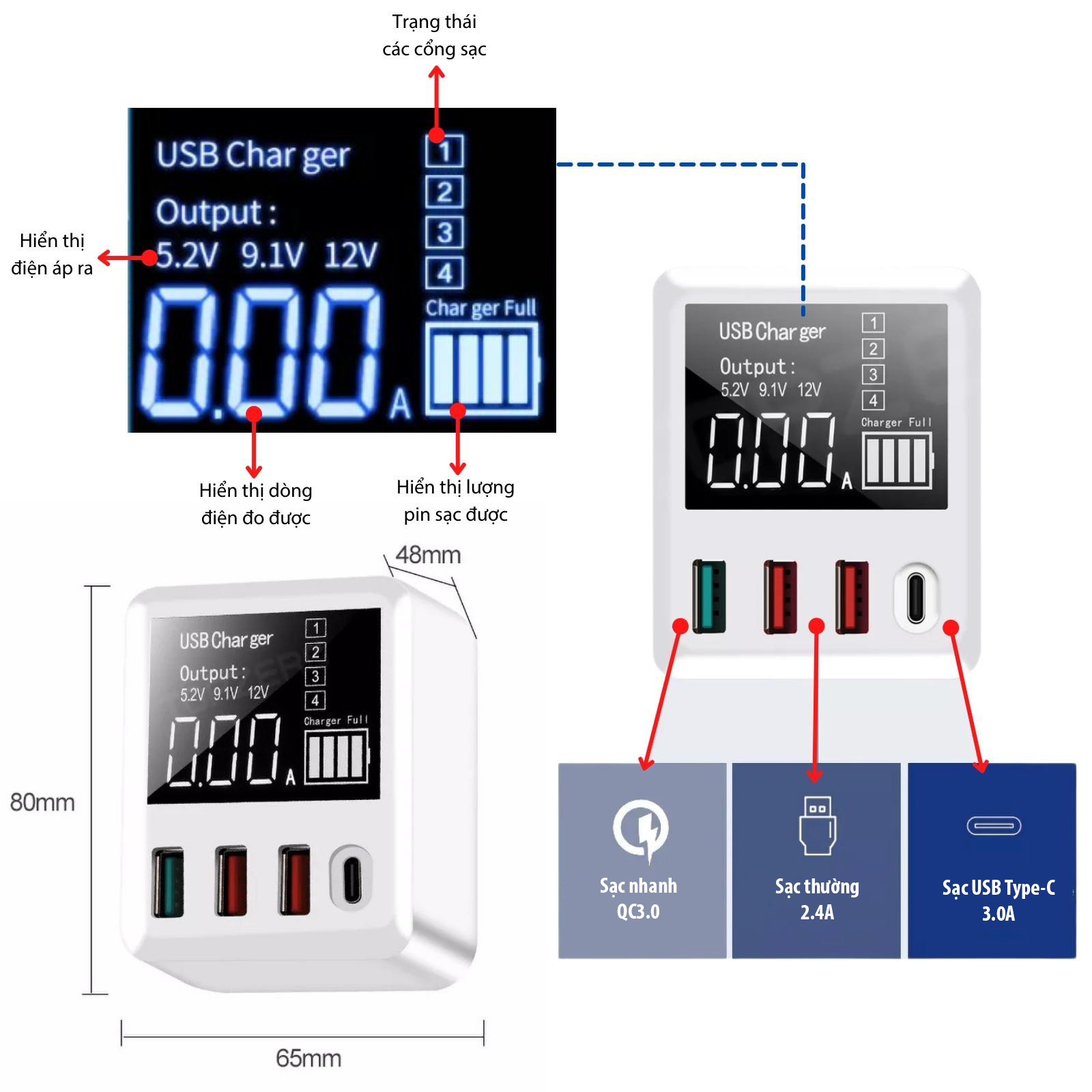 Củ Sạc Nhanh Iphone Samsung Nhiều Cổng Sạc Pd 30w Qc 3.0 A9t
