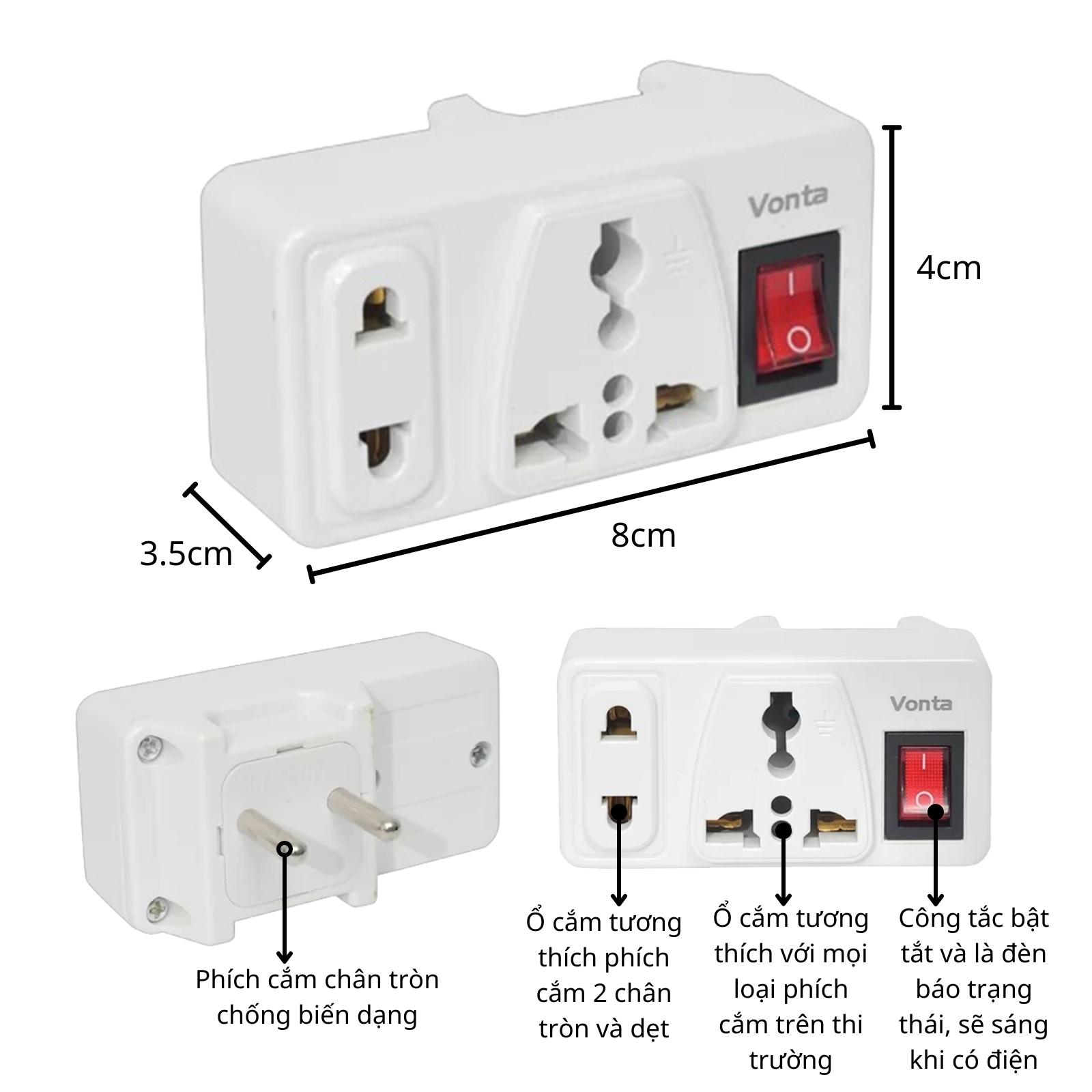 Ổ Cắm đôi đa Năng Có Công Tắc Nguồn Vdnv-t2