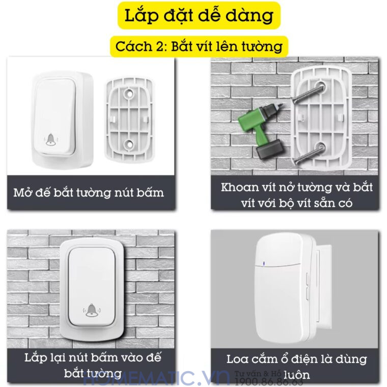 Chuông Cửa Không Dây Không Pin Homematic Hbm078 lắp đặt dễ dàng bằng cách bắt vít nút bấm lên tường