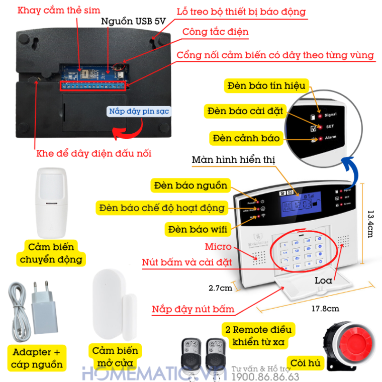 Bộ Thiết Bị Báo Trộm Qua điện Thoại Trung Tâm Báo động Chống Trộm Dùng Sim + Wifi Exsmith Es1719