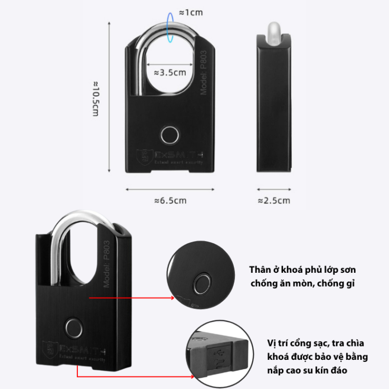 Ổ Khóa Vân Tay Chống Trộm Chống Cắt Chống Nước Thông Minh Kèm Chìa Exsmith P803 Ổ Khóa Vân Tay Chống Trộm Chống Cắt Chống Nước Thông Minh Kèm Chìa Exsmith P803