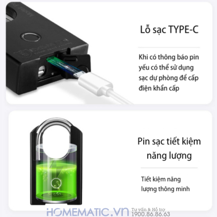 Ổ khoá vân tay Chống Trộm Chống Cắt Chống Nước Thông Minh Kèm Chìa Exsmith P803 Ổ khóa chống trộm Exsmith P803 tích hợp cổng sạc USB-Type C thông dụng giúp cho việc sạc nhanh, đơn giản. Với dung lượng pin 500mAH. một lần sạc đầy bạn có thể dùng trong 180 ngày