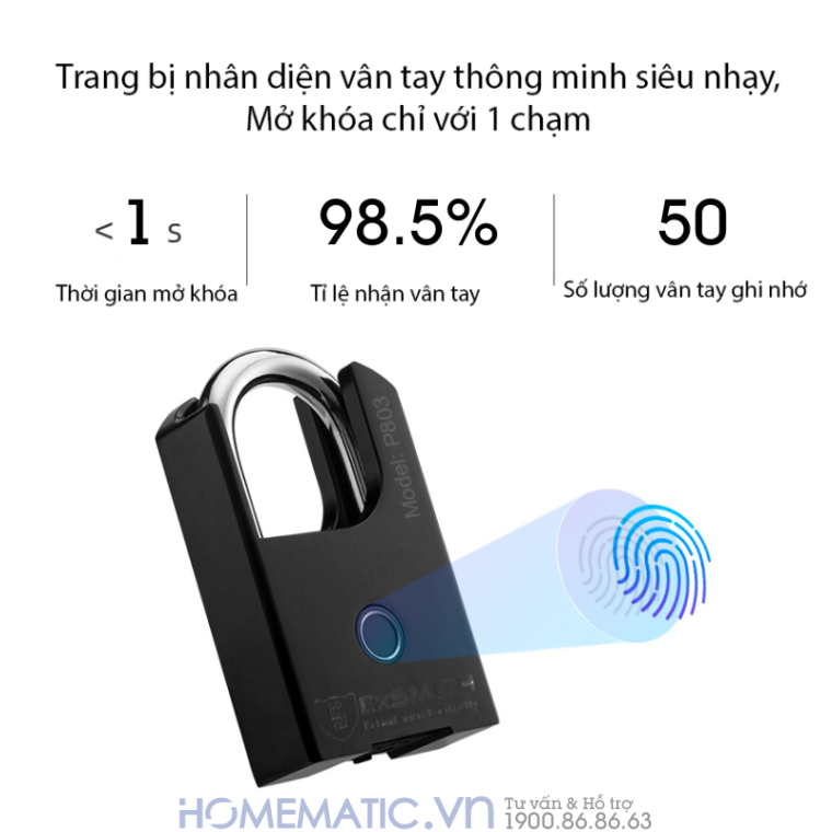 Ổ khoá vân tay Chống Trộm Chống Cắt Chống Nước Thông Minh Kèm Chìa Exsmith P803 Trang bị nhận diện vân tay siêu nhạy, mở khoá chỉ với 1 chạm, số lượng vân tay ghi nhớ lên tới 50 vân tay.