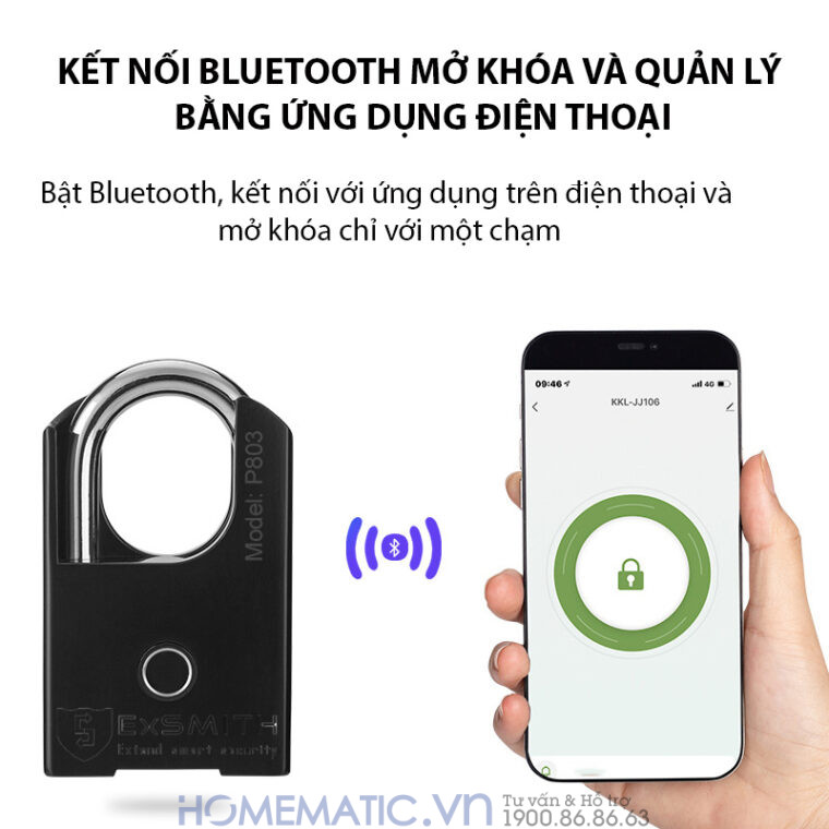 Ổ khoá vân tay Chống Trộm Chống Cắt Chống Nước Thông Minh Kèm Chìa Exsmith P803 Kết nối bluetooth mở khoá và quản lý bằng ứng dụng điện thoại, bật bluetooth, kết nối với ứng dụng trên điện thoại và mở khoá chỉ với 1 chạm.
