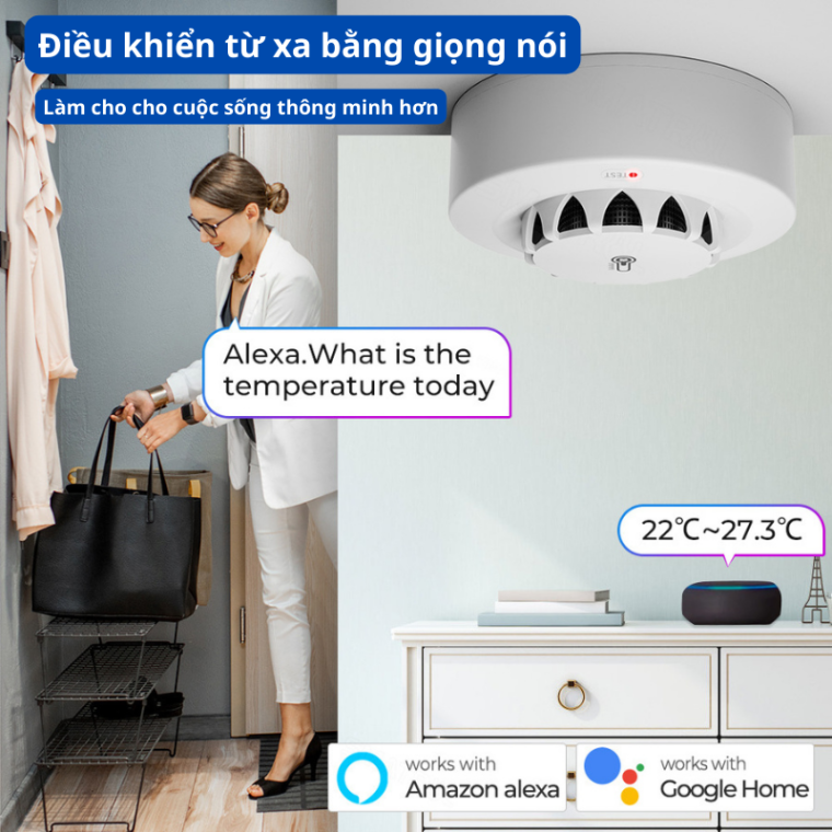Thiết Bị Báo Cháy Báo Khói Không Dây Kiêm đầu Báo Nhiệt Thông Minh Exsmith Tf309