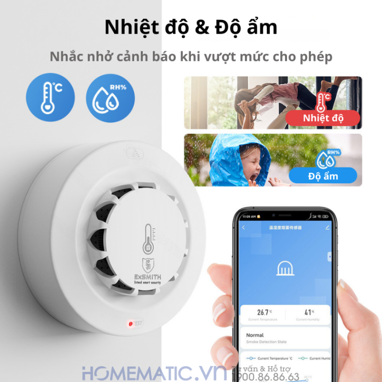 Thiết Bị Báo Cháy Báo Khói Không Dây Kiêm đầu Báo Nhiệt Thông Minh Exsmith Tf309