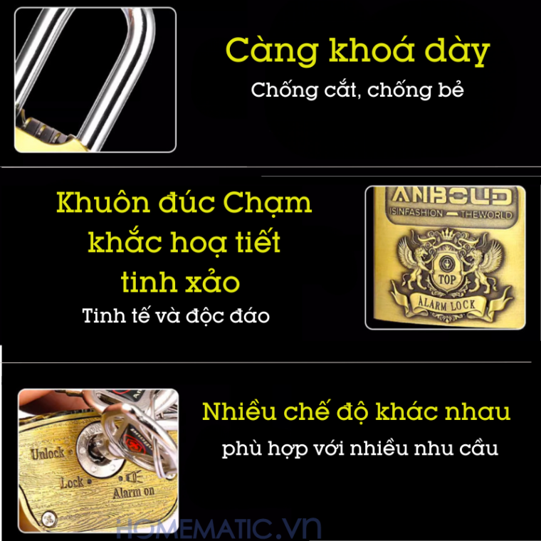 Ổ khóa cửa chống trộm phát tiếng kêu báo động chống nước cao cấp Anboud AL-60 được chạm khắc tinh xảo