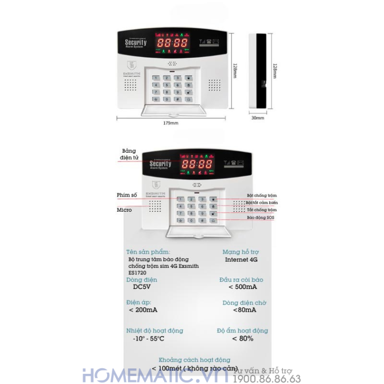 Thiết Bị Chống Trộm Báo Qua điện Thoại Exsmith Es1720 kèm thông số kĩ thuật