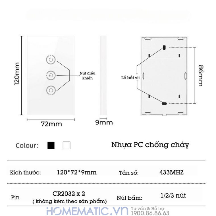 chi tiết Công Tắc Cảm ứng Chạm Không Dây Dán Tường Mặt Kính Phát Sóng Homematic Hmrbg