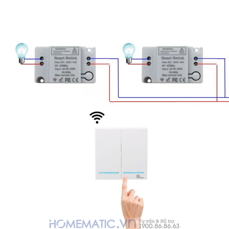 Công tắc phát sóng 2 nút truyền tín hiệu đến công tắc remote