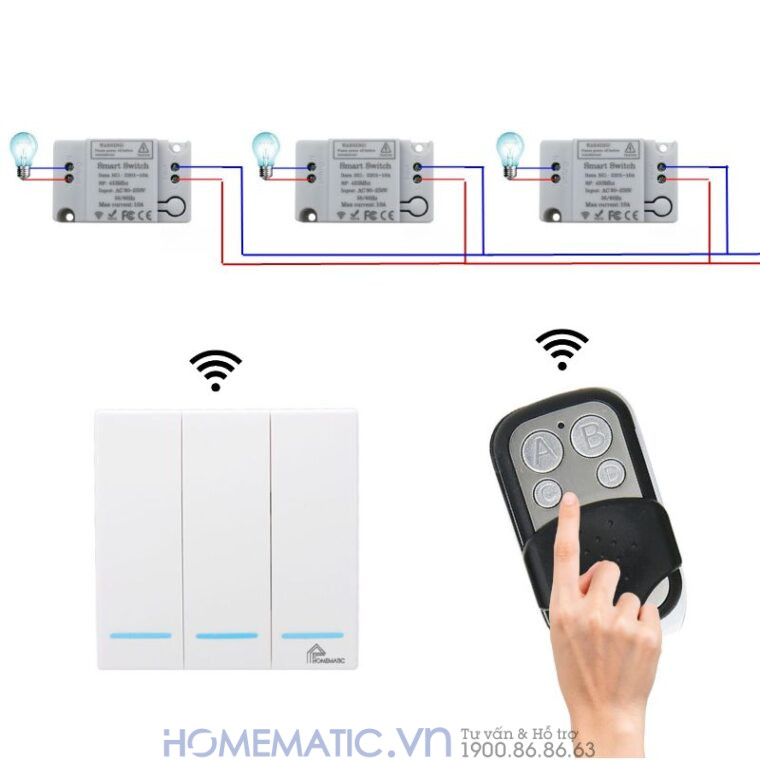 Công tắc phát sóng 3 nút truyền tín hiệu đến Hộp công tắc điều khiển từ xa 220v