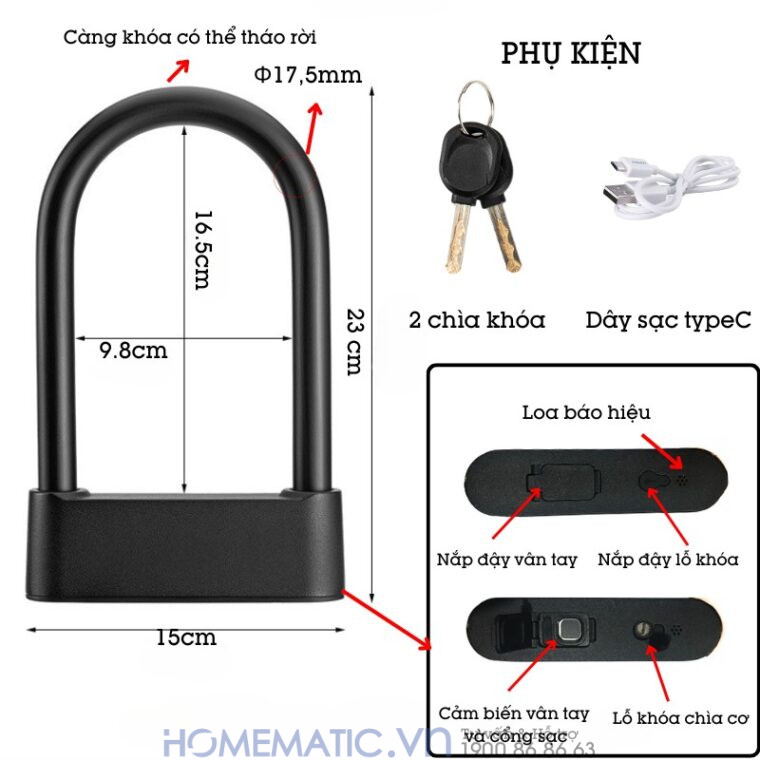 Khóa Chống Trộm Xe Máy Khóa Càng Xe Máy Vân Tay Thông Minh Jinjian J818