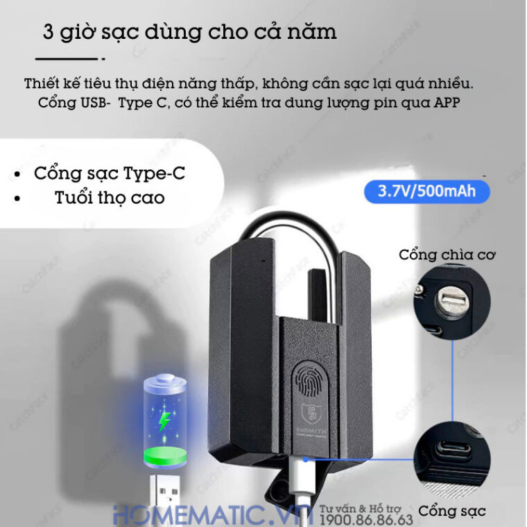 Ổ Khóa Vân Tay Exsmith P303 sạc pin 3 giờ dùng cả năm