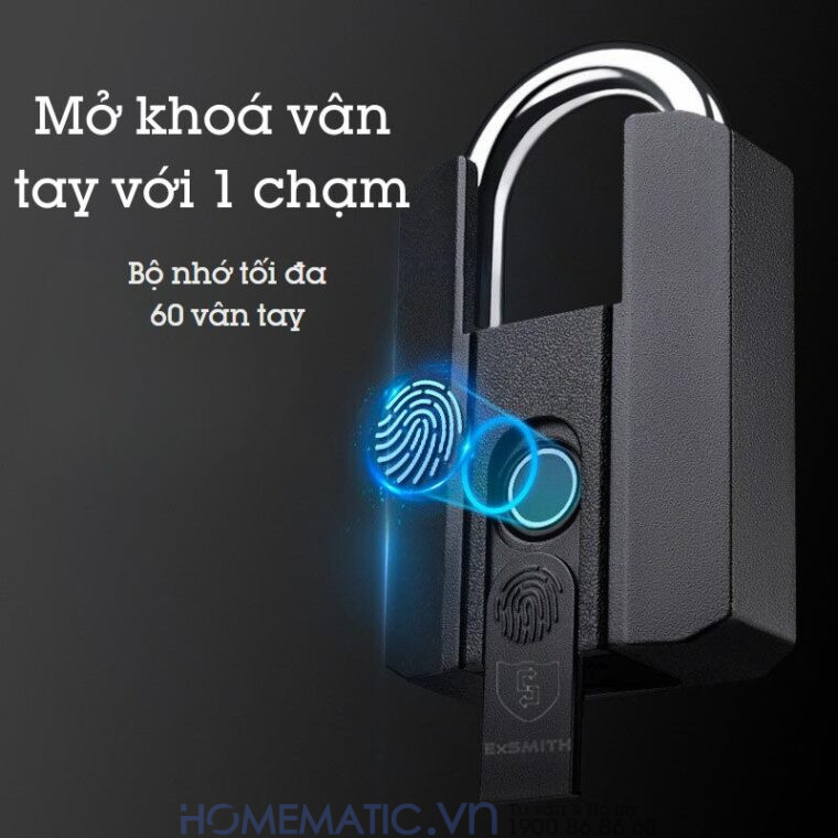 Ổ Khóa Vân Tay Chống Trộm Kèm Chìa Exsmith P303 bộ nhớ tối đa 60 vân tay