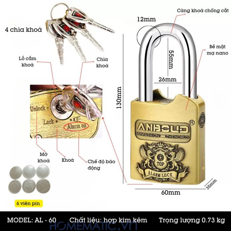 Ổ Khóa Cửa Chống Trộm Phát Tiếng Kêu Báo động Chống Nước Cao Cấp Anboud Al-60 Ổ Khóa Cửa Chống Trộm Phát Tiếng Kêu Báo động Chống Nước Cao Cấp Anboud Al-60