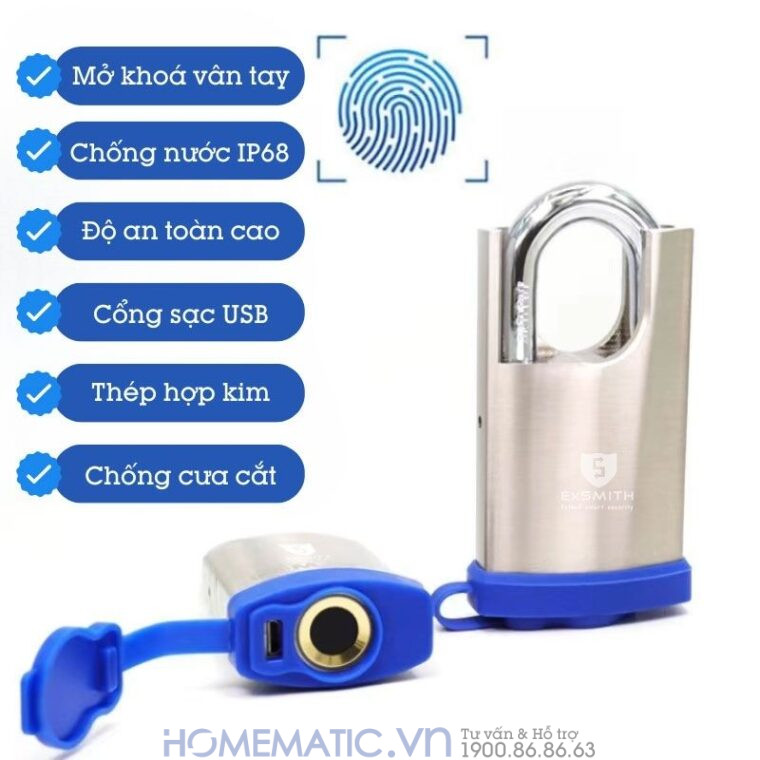 Ổ Khoá Vân Tay Cửa Cổng Chống Cắt Chống Nước Cao Cấp Kèm Chìa điện Tử Exsmith Epl365 đa tính năng