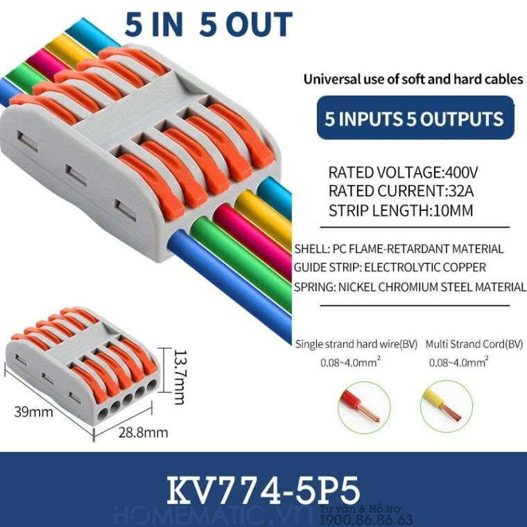 Cút Nối đầu Nối Dây điện Nhanh 5 Cổng Ra 5 Kv774-5p5c